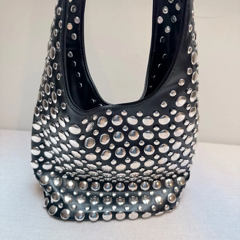 Black Studded Hobo Bag with Silver Accents - Picture 6 of 12